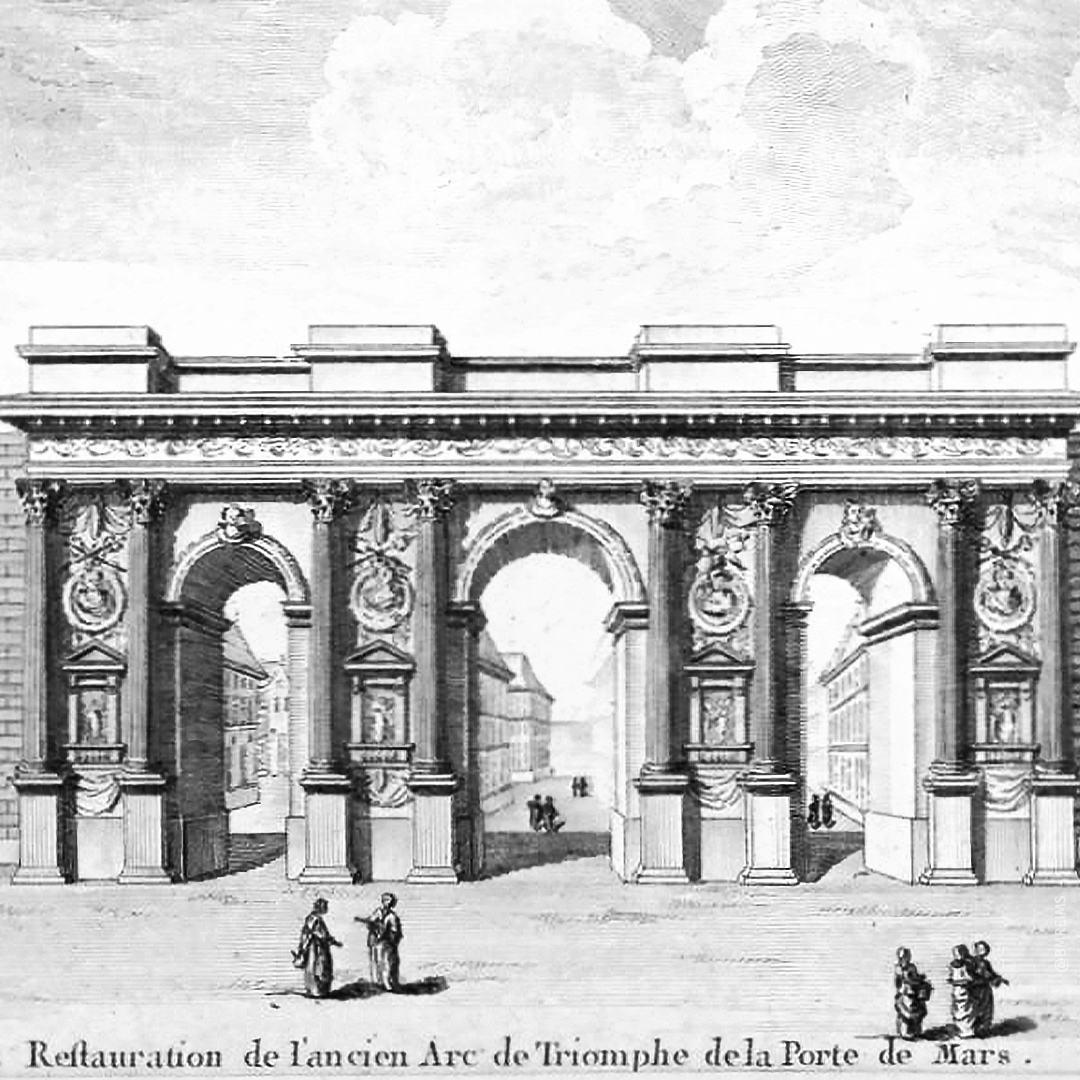  Interpretatie van de Porte de Mars, gravure uit de 18de eeuw. ©Reims, BM