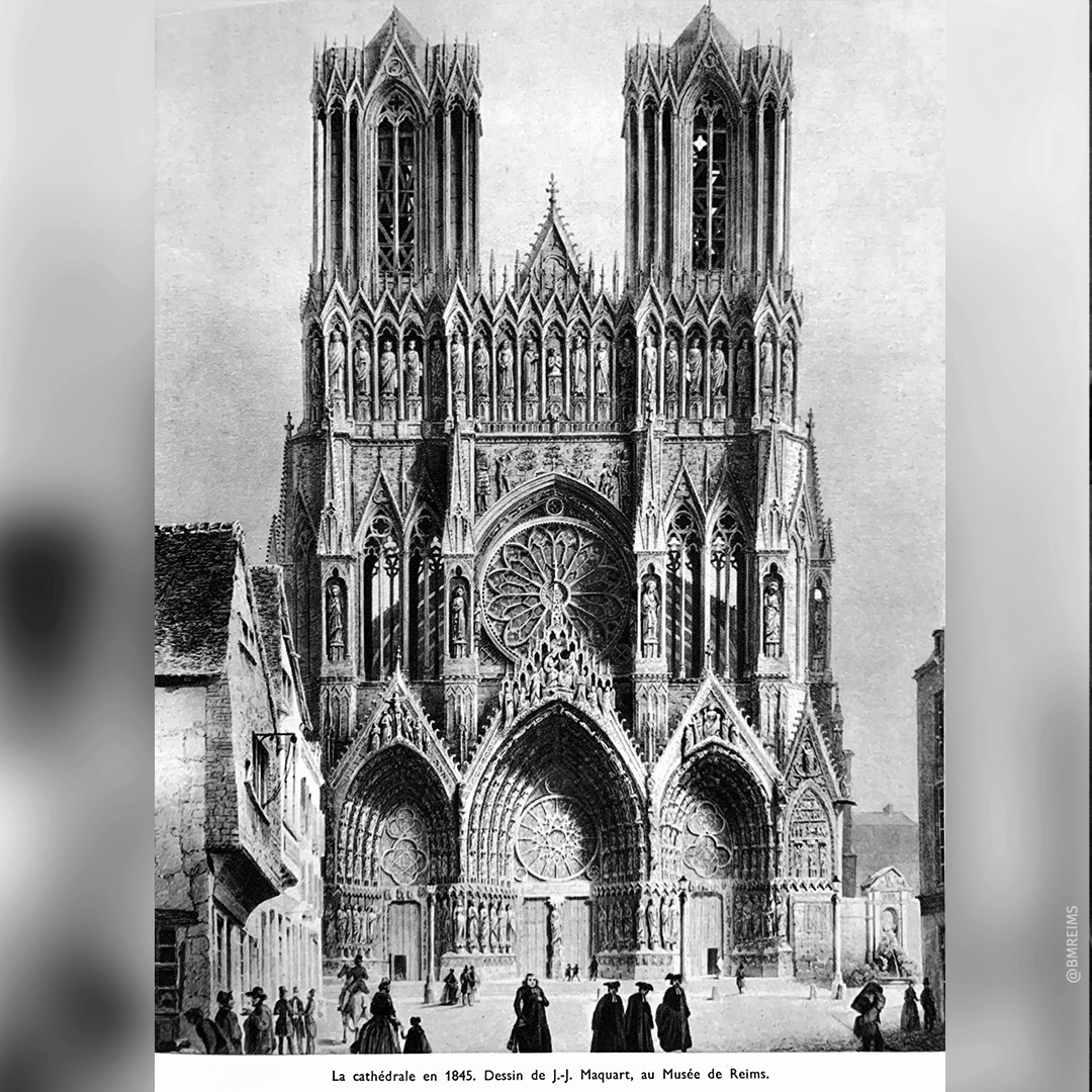 Zicht op de Cathédrale Notre-Dame in 1845. ©Reims, BM