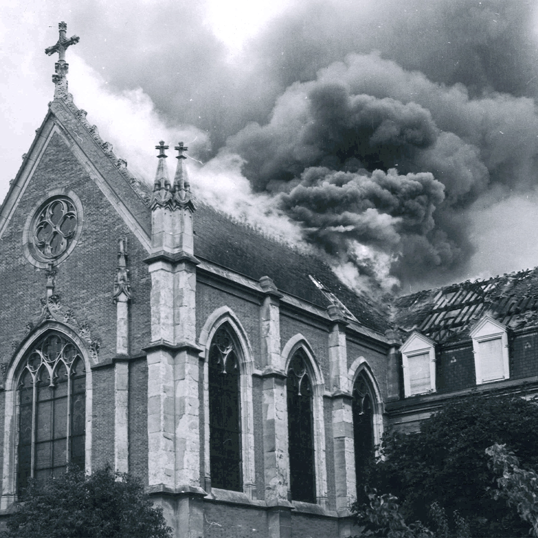 June 27, 1967: Fire in the Chapel and part of the buildings. ©SoeursSaintEnfantJesus