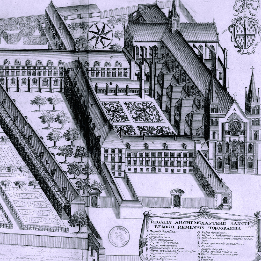 17de-eeuwse gegraveerde plaat die de abdij van Saint-Remi voorstelt. ©AMR