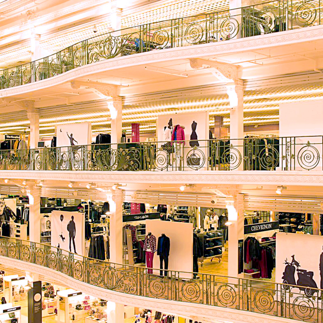 The Art Deco-inspired interior of the Galeries Lafayette.