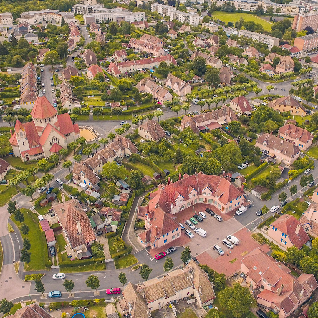 Vue aérienne de la cité jardin aujourd'hui @Ville de Reims
